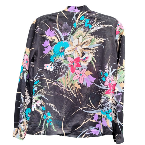 Teddi California Vintage 70s Sheer Tropical High Collar Long Sleeve Blouse Top - Picture 3 of 13